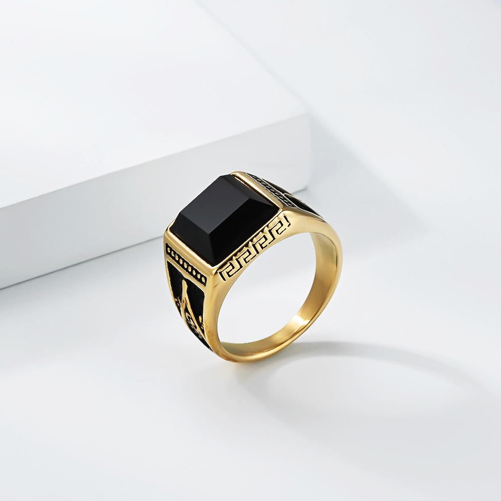 Retro Trend Titanium Steel Imitation Black Gem AG Freemason Spiral Pattern Ring for Men