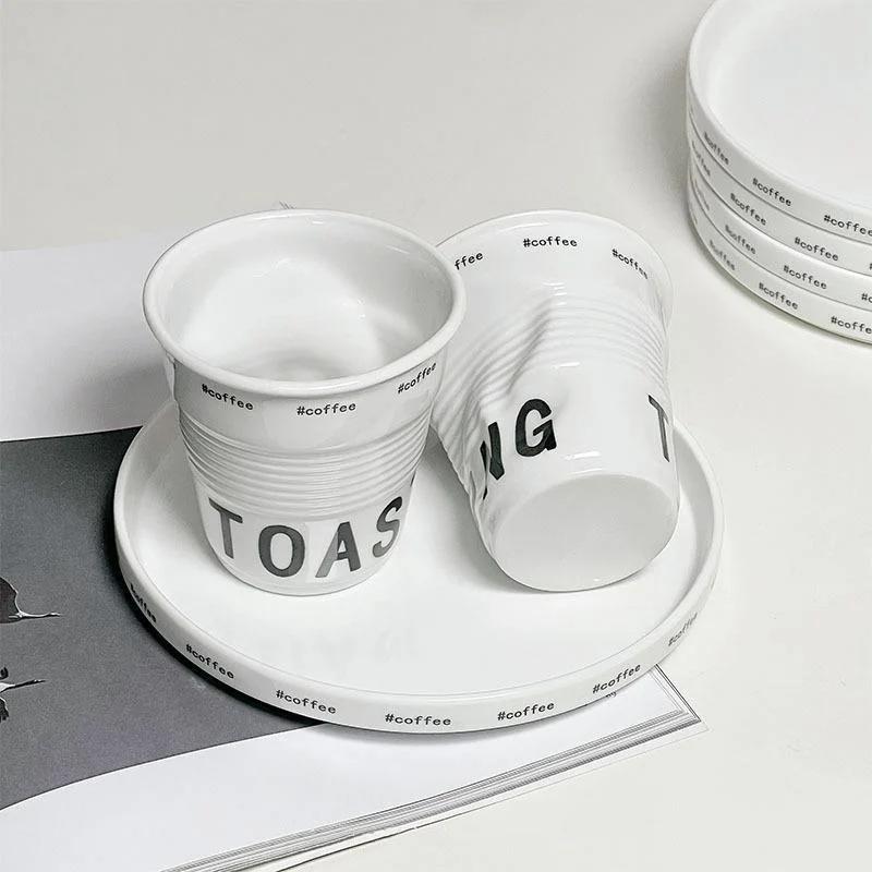 200ml Coffee Mug French Pleated Irregular White Ceramic Nordic Creative Design Wrinkle Cup Tumbler with English Letter Milk Cup