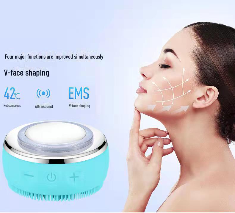 Electric Heated Silicone Face Cleansing & Makeup Removal Brush with EMS and Light Therapy
