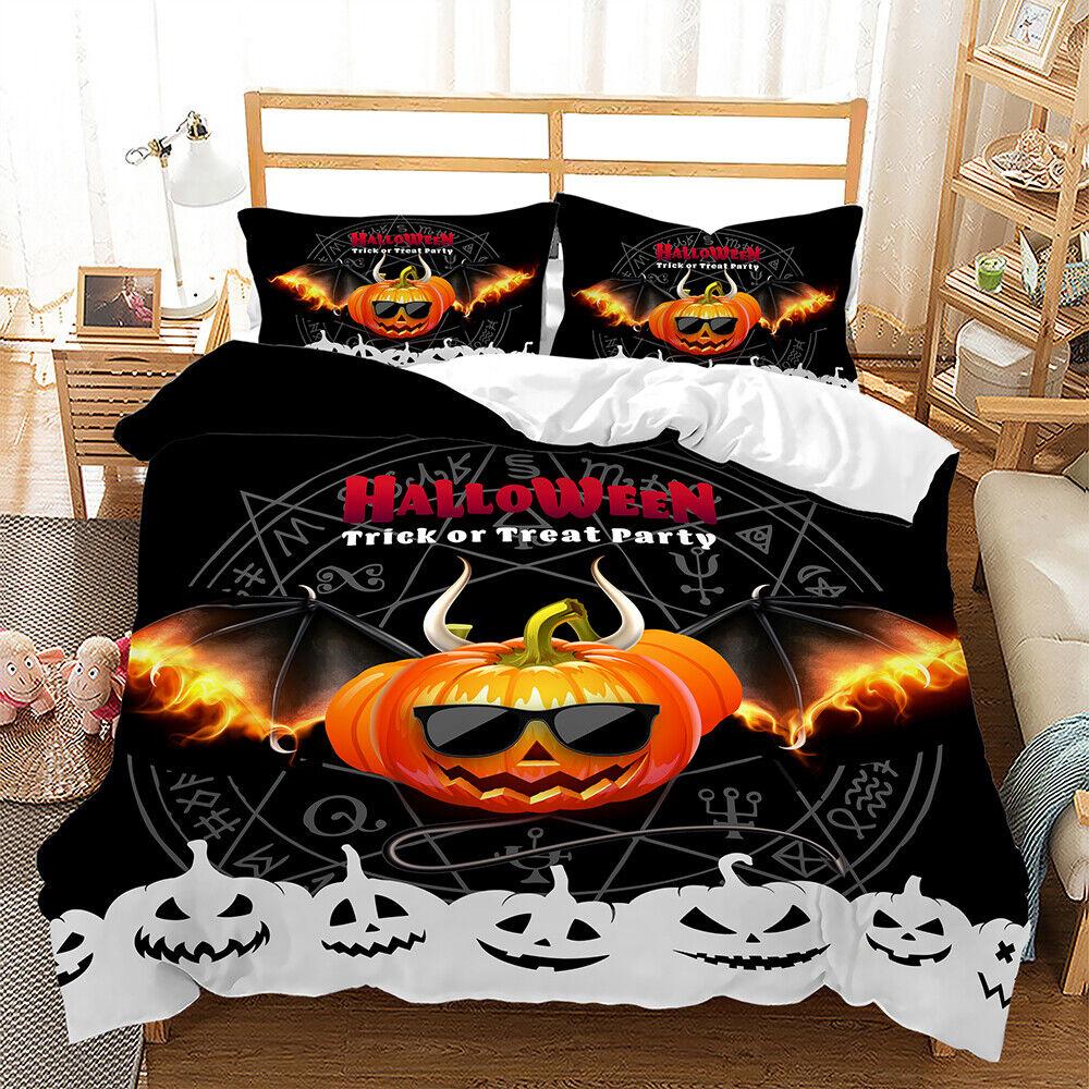 Pumpkin Lantern Halloween Ghost Witch Black Cat Doona Duvet Quilt Cover Bed Set