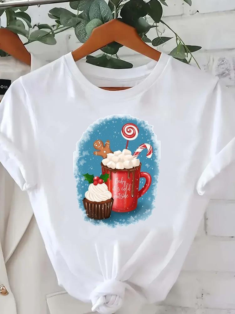 (Asian Size) Watercolor Cute 90s Short Sleeve T-shirts  Print Merry Christmas O-neck Women's Top New Year T Clothing Fashion Holiday Graphic Tee