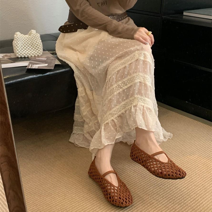 Leather Version~ Round Head Hollow Woven Retro Flat Shoes Women's Sandals One-word Fishing Net Shoes Breathable Shallow Mouth Single Shoes