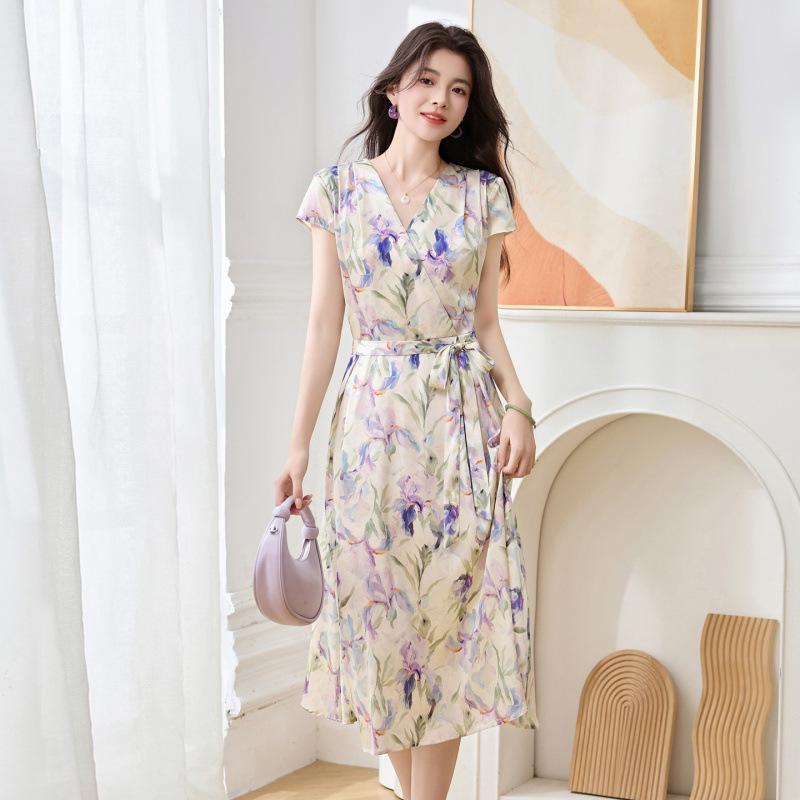 

Платье из тутового шелка с поясом, женское приталенное шелковое платье, благородное платье из шелка с принтом и шнуровкой 2XL зелёный