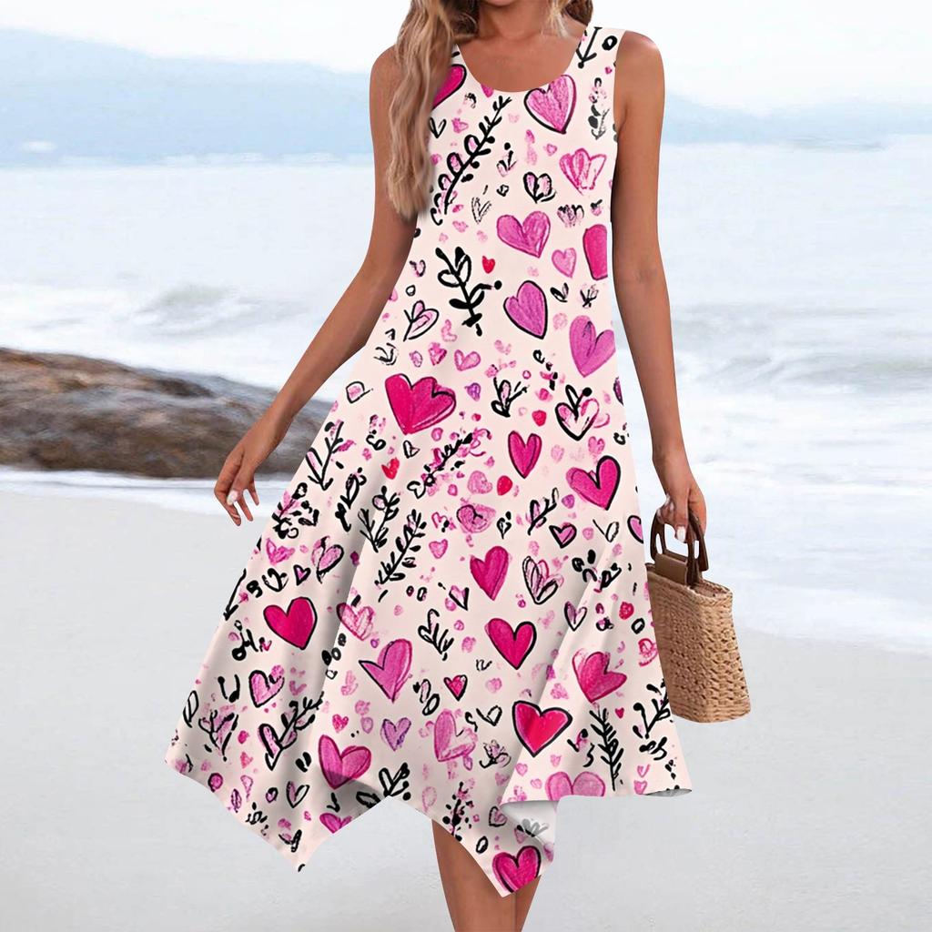 Lässiges, modisches Damen-Midikleid mit Rundhalsausschnitt, ärmellosem Aufdruck und unregelmäßigem Saum