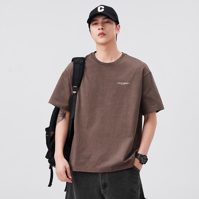 American Heavyweight Pure Cotton Short-sleeved T-shirt Men's Summer Retro Dirty Loose Round Neck Half-sleeved Top