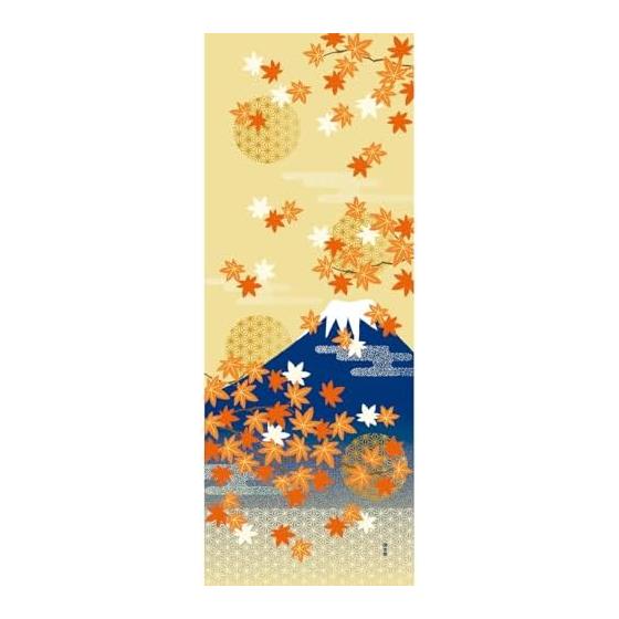 Hamamonyo Tenugui Towel - Autumn Leaves and Mt. Fuji - 100% Cotton, Approx. 34cm x 90cm, Printed, Raw Edge
