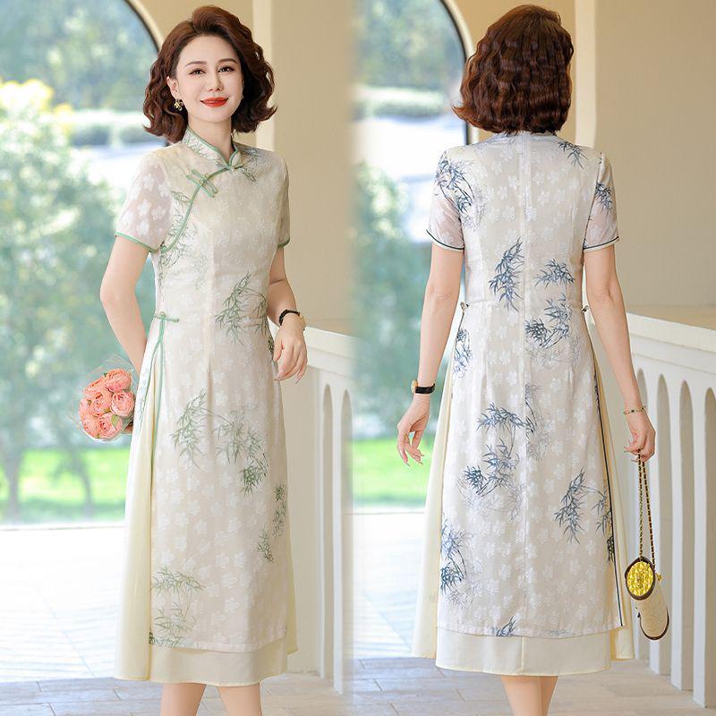 Mid-length Summer Printed Cheongsam for Middle-aged Women