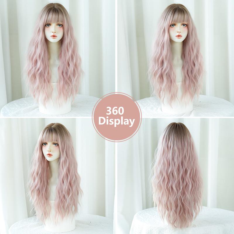 7jhh Wigs Loose Body Wavy Pink Brown Wigs With Dark Roots High Density Synthetic Wavy Ombre Hair Wig For Women Party Lolita Wigs