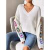 Long-Sleeve V-neck Top Mixed Color Hand Hook Flower Patchwork V-neck Pullover Loose Casual Sweater Top