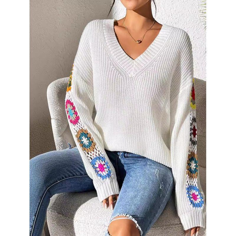 Long-Sleeve V-neck Top Mixed Color Hand Hook Flower Patchwork V-neck Pullover Loose Casual Sweater Top