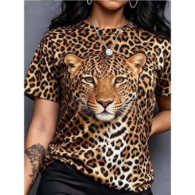 T-shirt à imprimé léopard pour femme Manches courtes Hauts Été Décontracté Col rond Y2k Vêtements T-shirt Extérieur Rue Haut Élégant