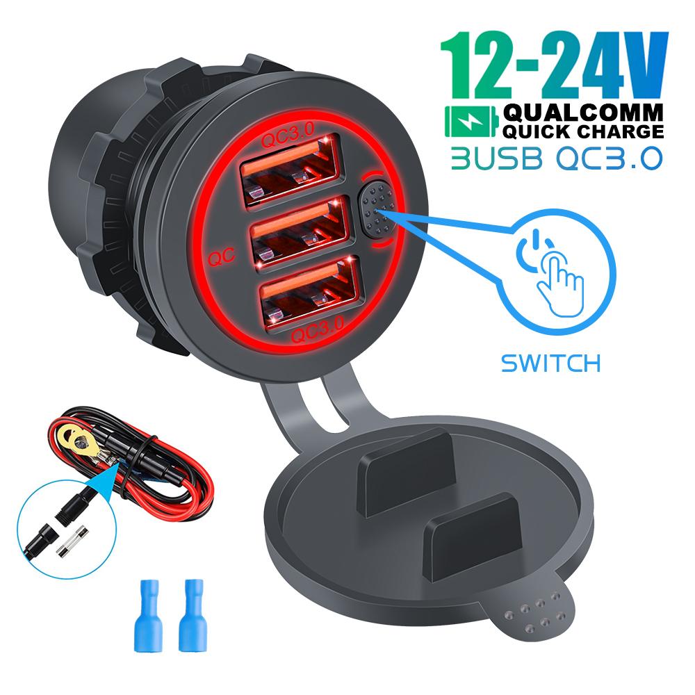 12V/24V Triple Ports 68W USB-C Multiple Car Charger Socket PD3.0 3USB QC3.0 Ports With Touch Switch Fast Car Adapter