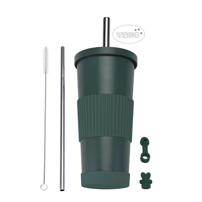 710Ml Bubble Tea Cup Non-Slip Double-Layer Stainless Steel Straw Cup Multi-Color Straw Thermal Insulation Water Cup