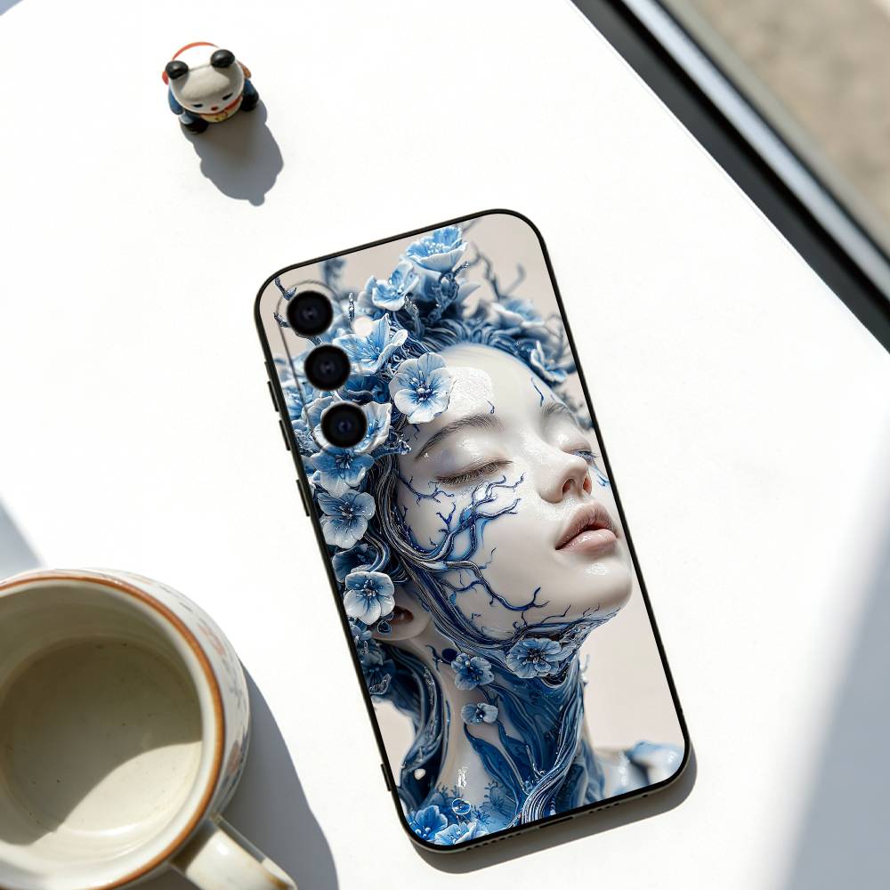 Blue & White Grace Phone Case Black Silicone Soft For Samsung Galaxy A73,A72,A71,A70,A53,A52,A51