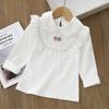 Girls' White Lace Trim T-shirt with Turn-down Collar - Autumn Style