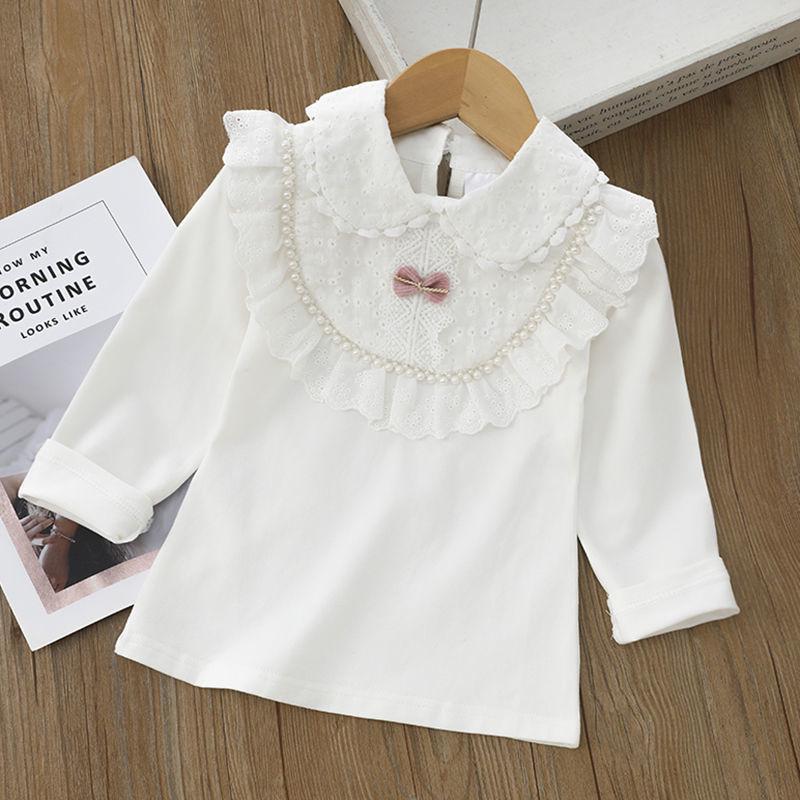 Girls' White Lace Trim T-shirt with Turn-down Collar - Autumn Style