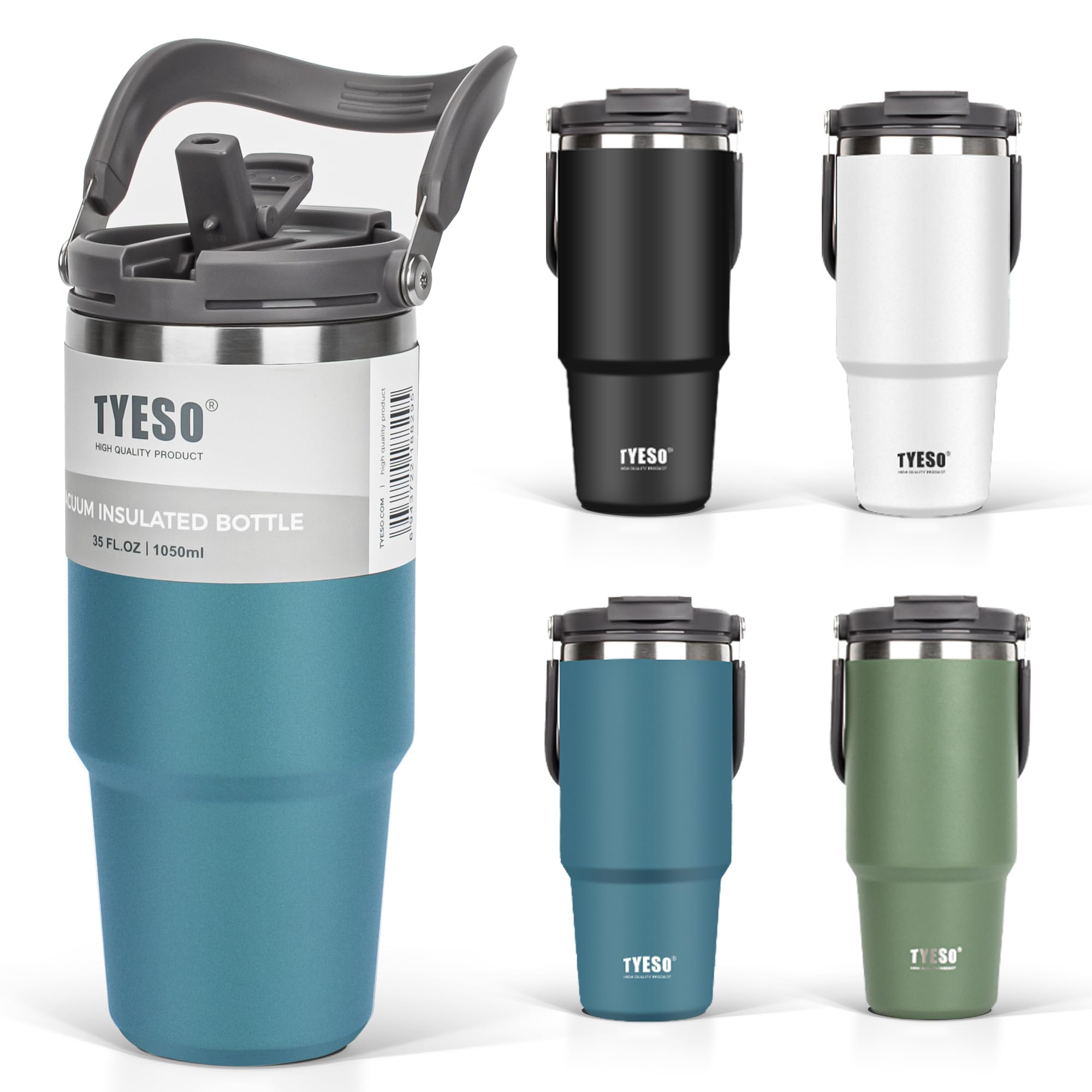 

TYESO Tumbler with 1050ml Vacuum Wide Large Direct for and Outdoor Navy Straw, Coffee/Water Bottle/Thermos, Insulated, Handled, Insulated,