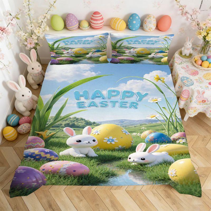 Easter Bedding Pillowcase Quilt Cover 3-Piece Rabbit And Easter Egg Pattern, Easter Home Decor
