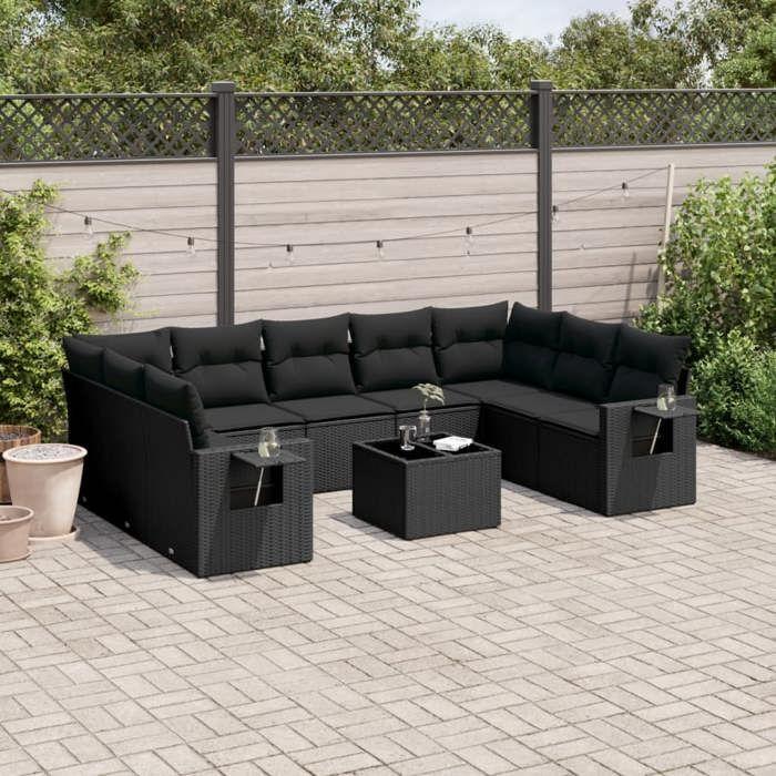 VidaXL Salon de Jardin avec Coussins 10 pcs, Canapés de Terrasse, Ensemble de Meubles de Patio, Mobilier d'Extérieur, Noir 3220604