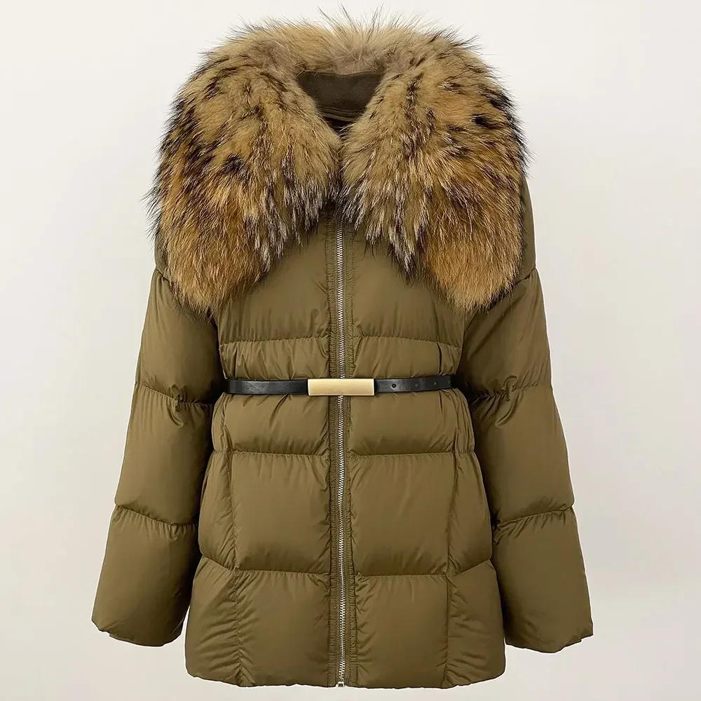 OFTBUY Winter Jacket Women Natural Real Raccoon Fur Collar Belt Thick Warm Duck Down Coat Detachable Outerwear Streetwear Casual