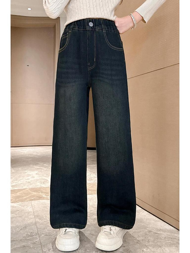 Girls' Plush Velvet Wide-Leg Jeans - Autumn/Winter 2025 Collection