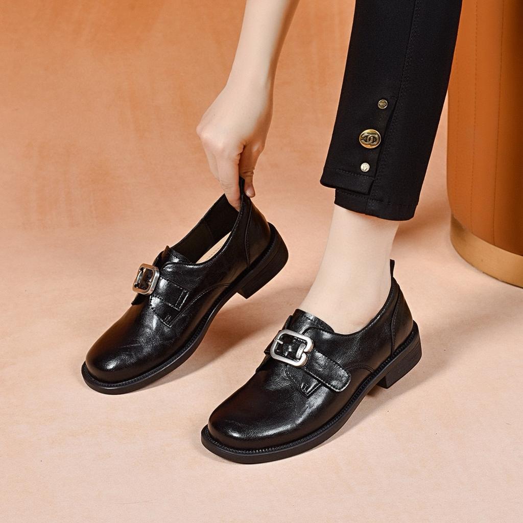 Retro kleine Lederschuhe Damen 2025 Frühling neu runder Zeh quadratische Schnalle Slipper zum Hineinschlüpfen, flache bequeme Damenschuhe mit flachem Ausschnitt