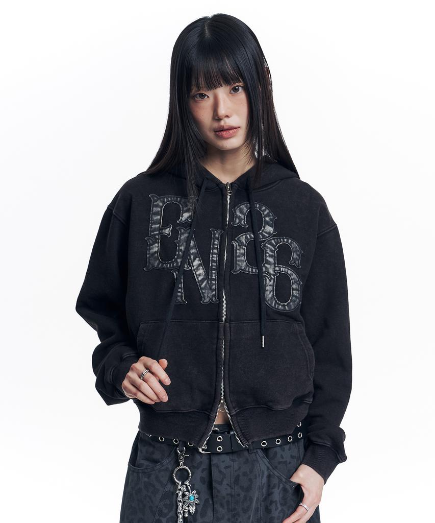 Easy No Easy Washed Leather Patch Zip-Up Hoodie - Black