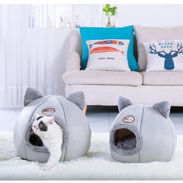Foldable and Removable Cat Bed Self Warming for Indoor Cat Dog House with Mattress Puppy Cage Lounger Grey