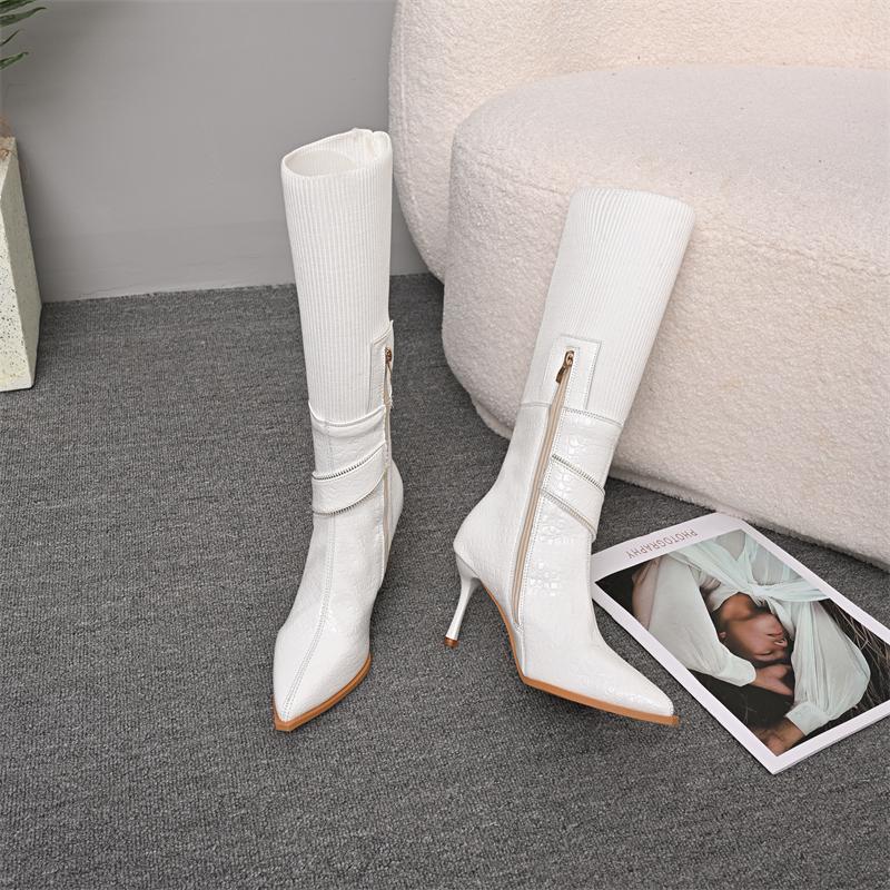 Fashion Women's Stiletto Cotton Boots Winter New Pointed Head Side Zipper Mesh Fabric Stitching Rivets Non-slip High Heels