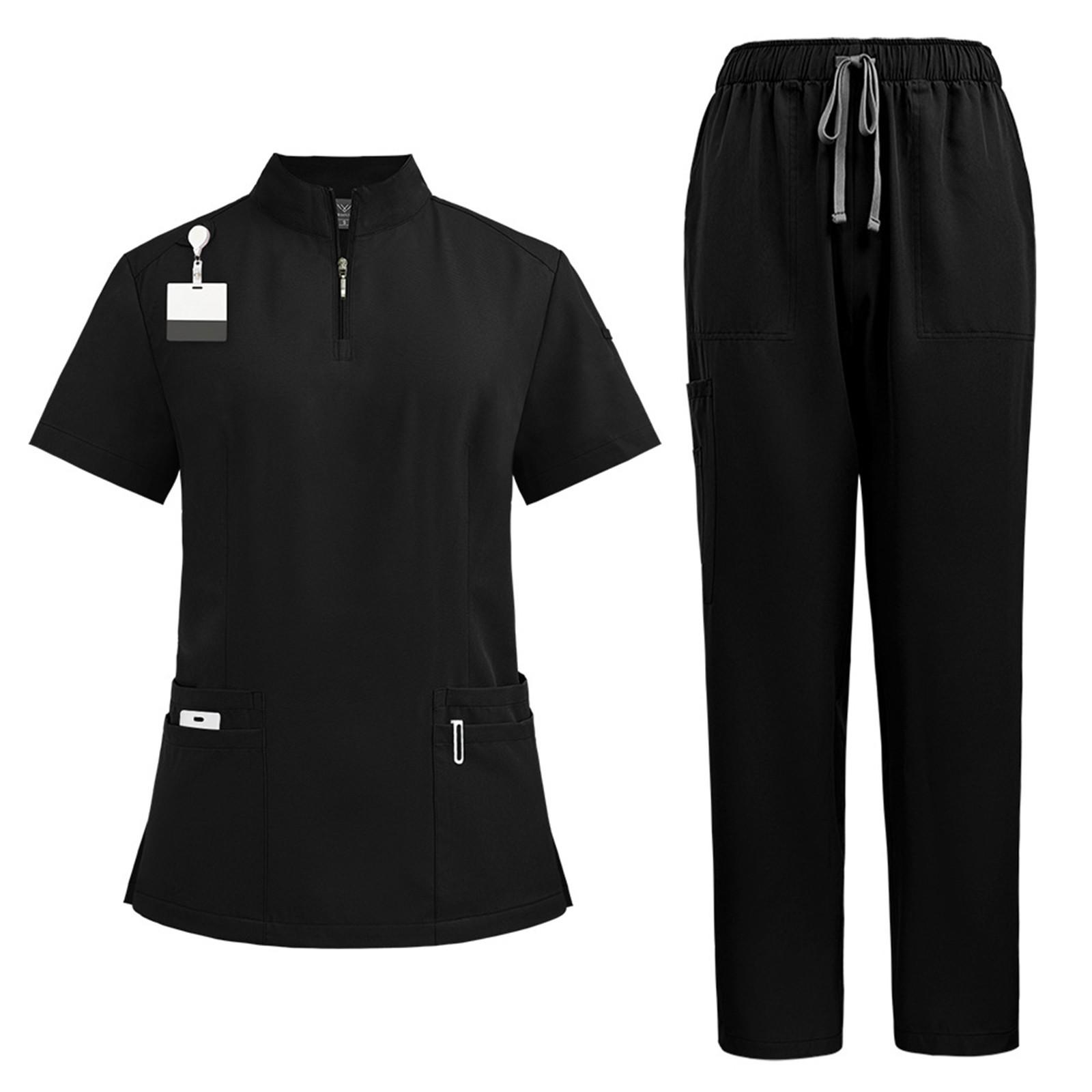 Women s Quick Drying Fabric Color Stand Up Collar Zipper Pocket Short Sleeved Pants Set Workwear L чёрный
