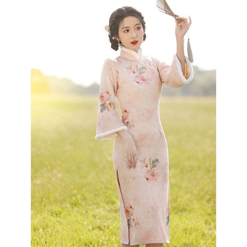 Купить Платье Cheongsam в китайском стиле, осеннее и зимнее теплое ...