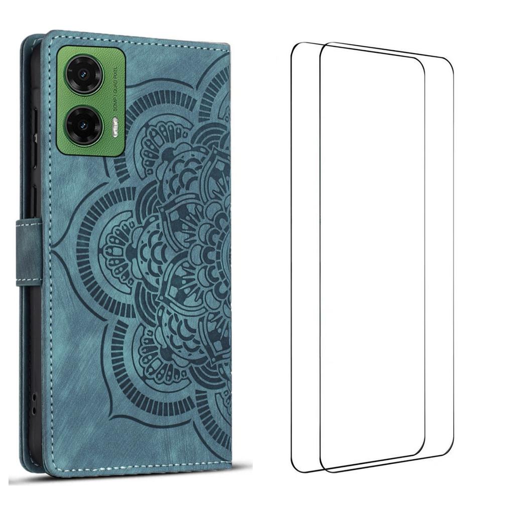 For Motorola Moto G35 5G Case with 2Pcs Tempered Glass WANLONFENG MTL Series Mandala Leather Phone Cover