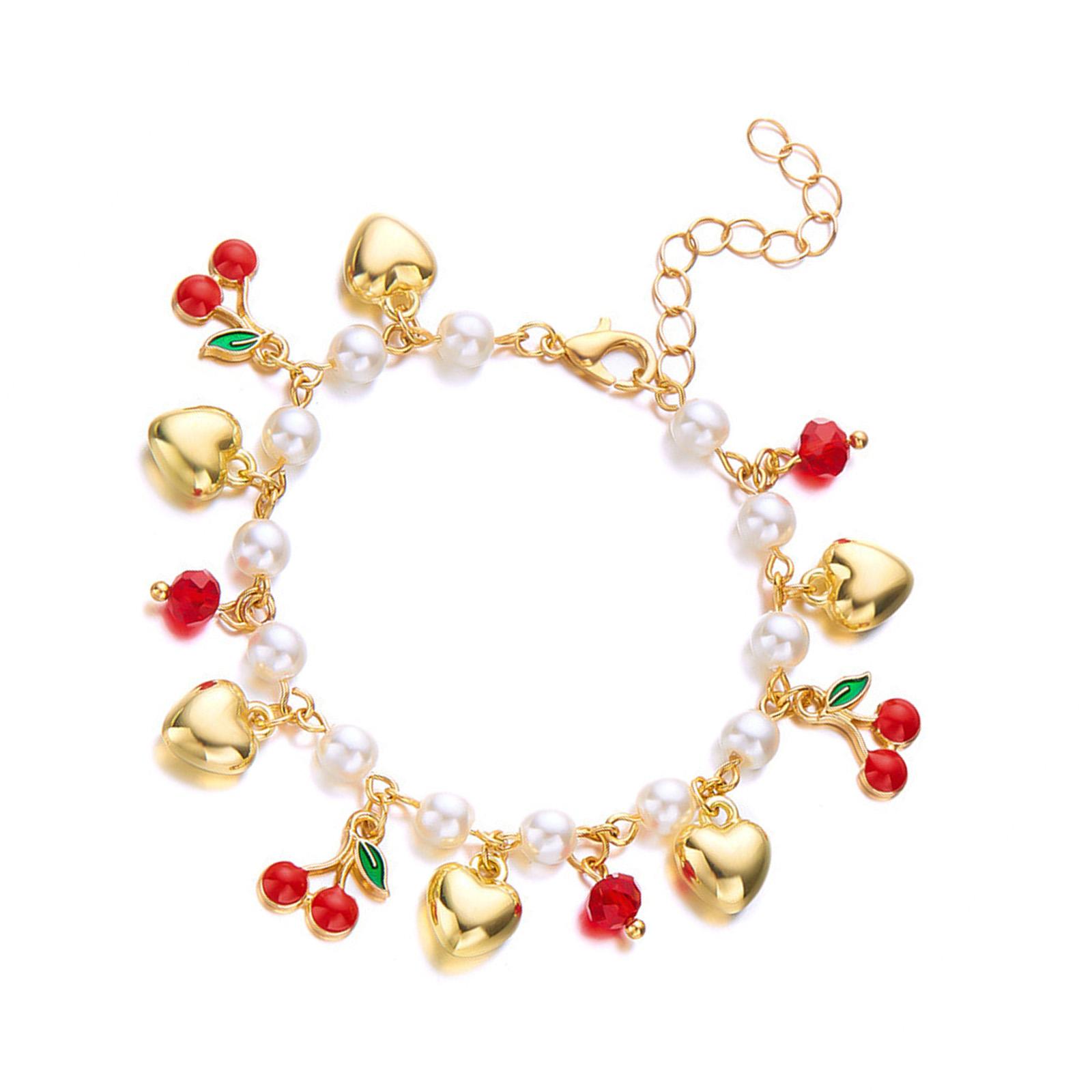

Регулируемый браслет с подвесками Любовь с 3D клубничками, вишенками, сердечком и жемчужными бусинами для женщин, для повседневной носки B