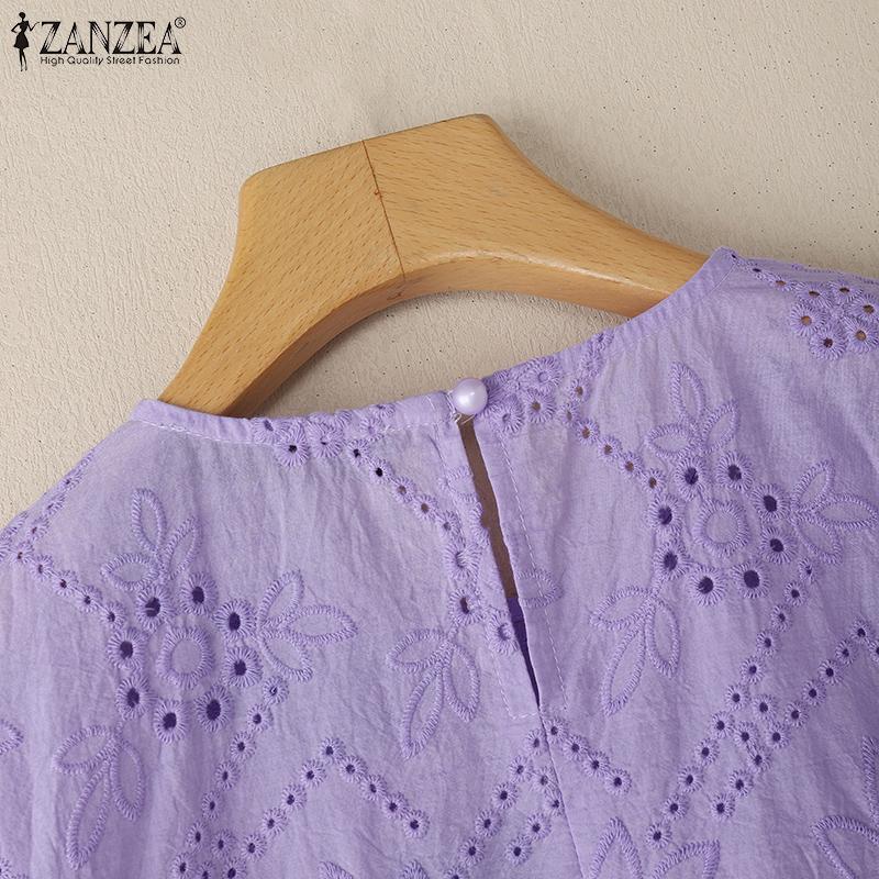 ZANZEA Dámská ležérní kulatý výstřih s krátkým rukávem a krajkovou výšivkou, letní halenka