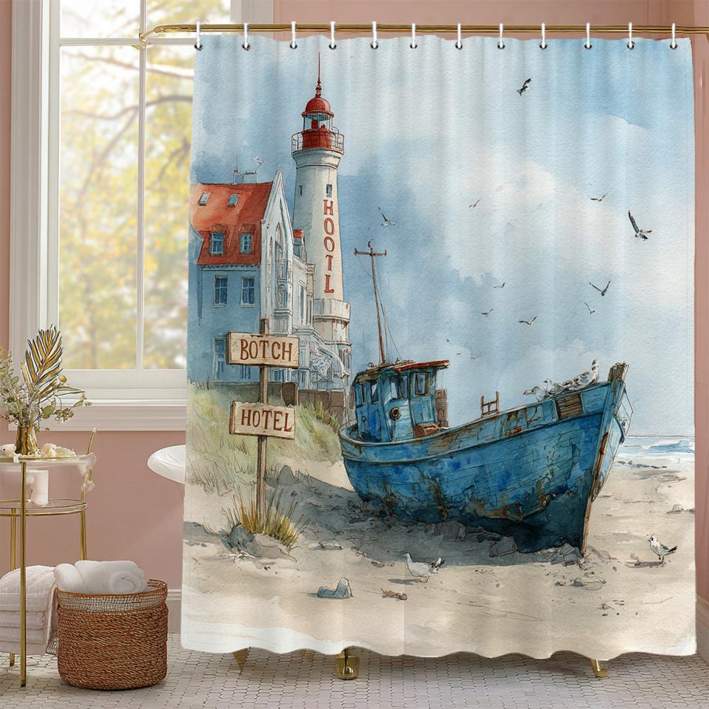 Blue Sea ocean beach scenery Theme Shower Curtain, Bathroom Decorative Shower Curtain, Print polyester Curtain with Hooks