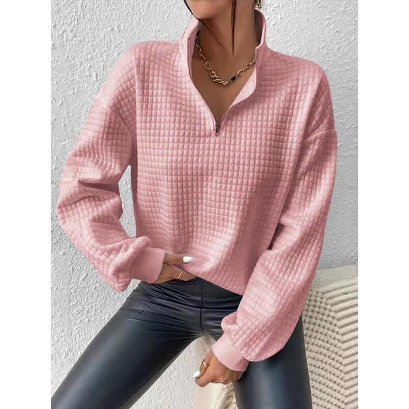 Mikina pulovr se čtvrtinovým zipem s vaflovou mřížkou, ležérní mikina s dlouhým rukávem a klopou na podzim a zimu, dámské oblečení
