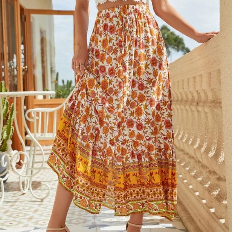 

Женская мода бохо цветочный разрез пасторальная ретро отпуск юбка свинг S белый