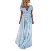 Women Summer Short Sleeve Dot Print Tassels V Neck Long Dress Beach Maxi Dress