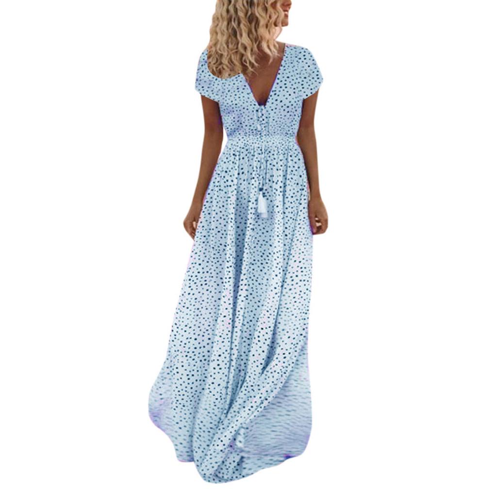 Women Summer Short Sleeve Dot Print Tassels V Neck Long Dress Beach Maxi Dress