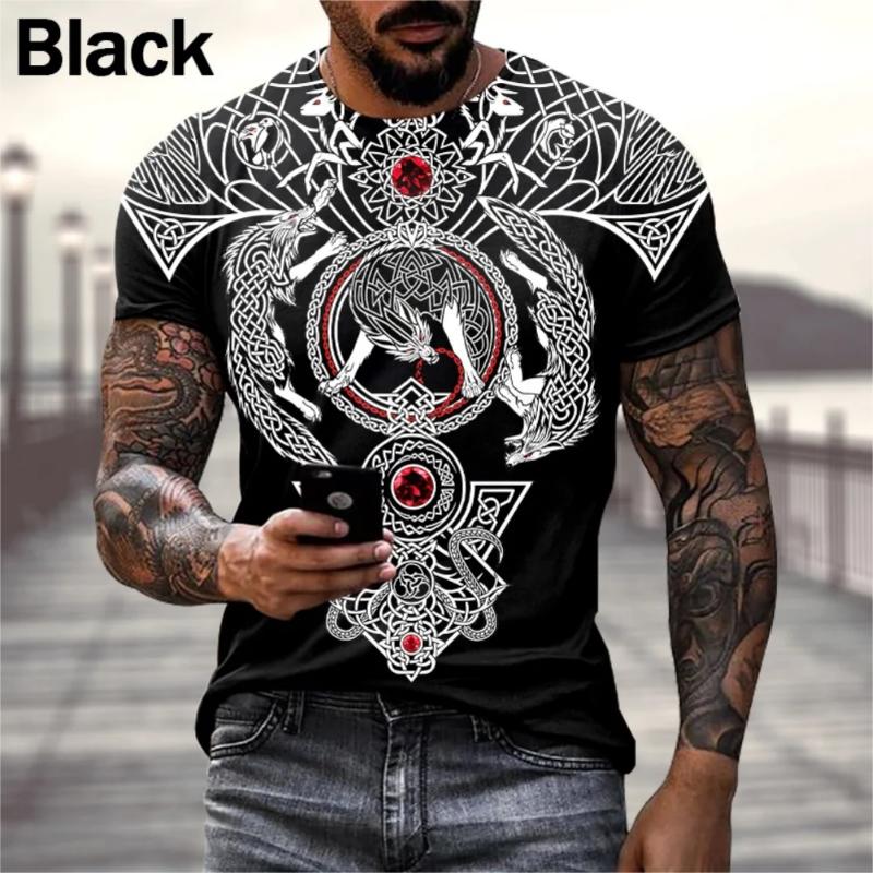 Europe And America Hot Sale Viking Tattoo Art T shirt Men's 3D Print T-shirts Summer Casual Sports Short Sleeve Retro Tops