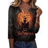 Women's Casual Halloween Print V Neck Button Front Three Quarter Sleeve T Shirt Top with Spooky Haunted House Design for Fall