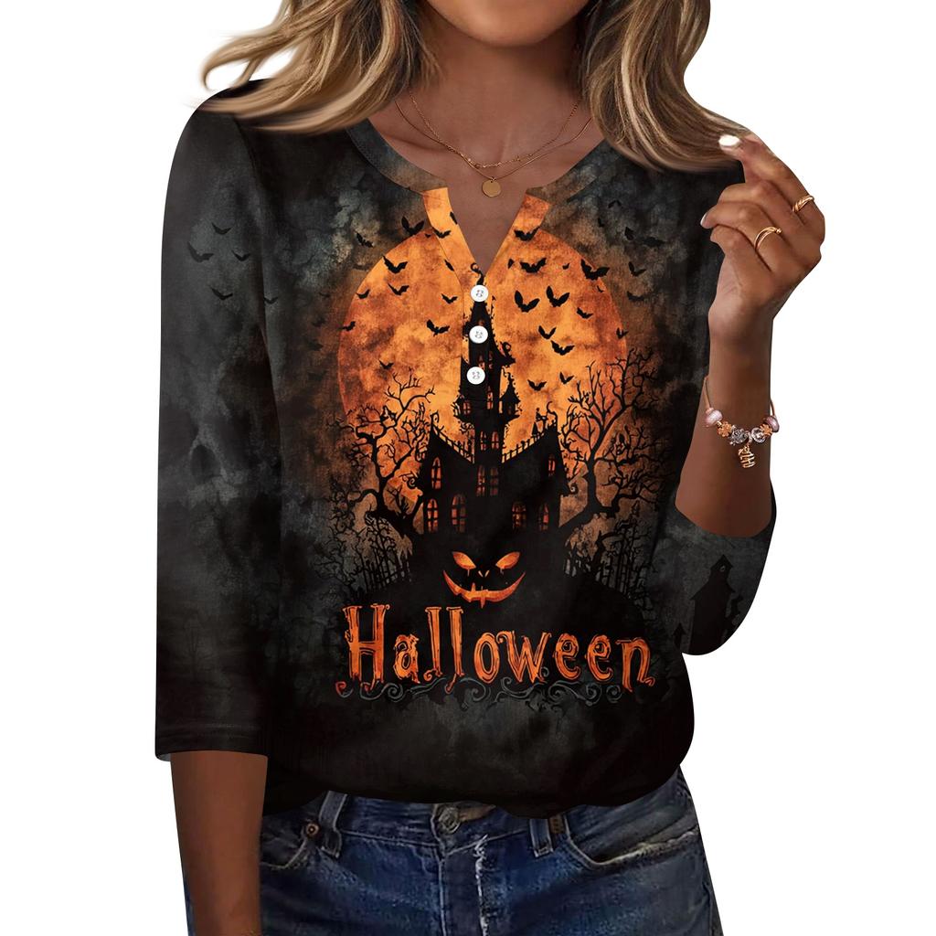 Women's Casual Halloween Print V Neck Button Front Three Quarter Sleeve T Shirt Top with Spooky Haunted House Design for Fall