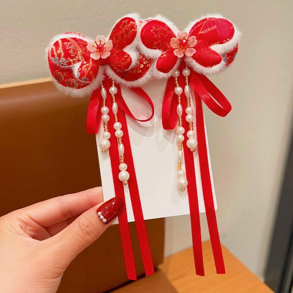 Coiffe Hanfu pour enfants Nouvel An Pince à cheveux Mignon Costume Tang Style Chinois Barrettes Rouges Oreilles de Lapin Douces Pince à cheveux Style Ancien