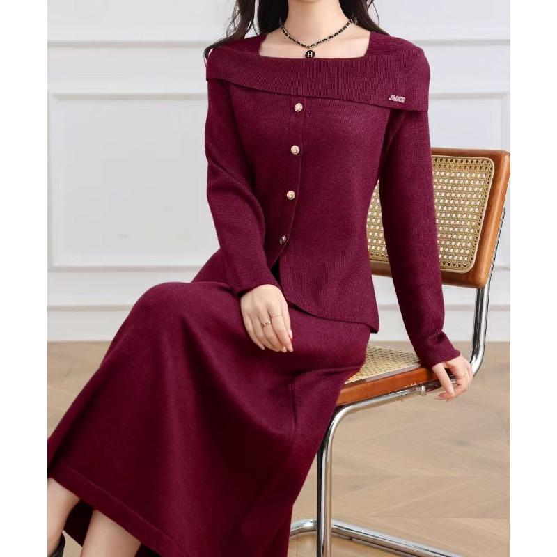 Elegant Wind One-word Shoulder Knitted Sweater Skirt Set Women's Autumn and Winter New Temperament Thin Sweater Two-piece Set