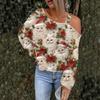 Women's Hollowed Out Fashionable Casual Floral Print Off Shoulder Hoodie Top Christmas