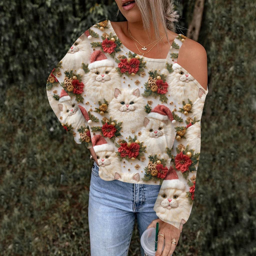 Women's Hollowed Out Fashionable Casual Floral Print Off Shoulder Hoodie Top Christmas