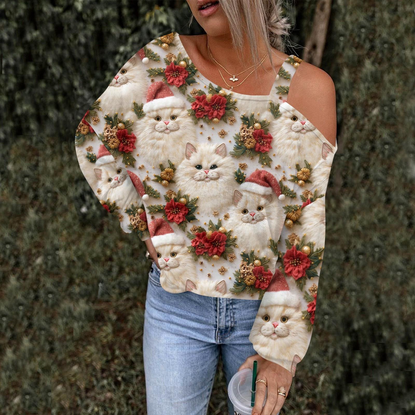 

Женская ажурная модная повседневная толстовка с капюшоном с цветочным принтом и открытыми плечами на Рождество XL белый