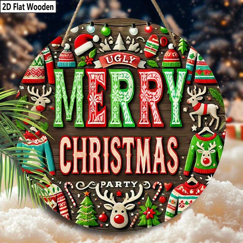 2D Flat 1pc Winter Merry Christmas Sweater Logo Wooden Sign Decoration, Front Door Embossed Effect Wall Decoration, Suitable for Home Office, Garden