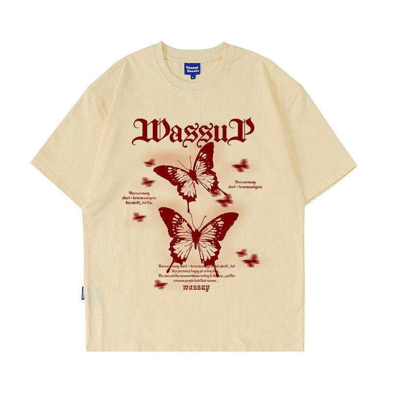Wassup Heods Trendy Gothic Letter Butterfly Short-Sleeved T-Shirt for Men and Women, Summer Loose Heavyweight Cotton Top