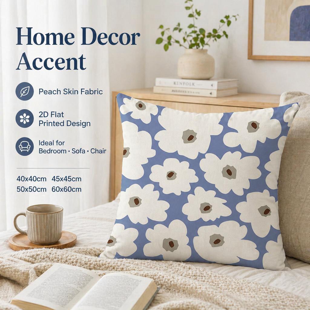 Nordic Blue White Floral Cushion Cover 2D Flat Printed Peach Skin Pillowcase Modern Minimalist Throw Pillow Case For Sofa Decor